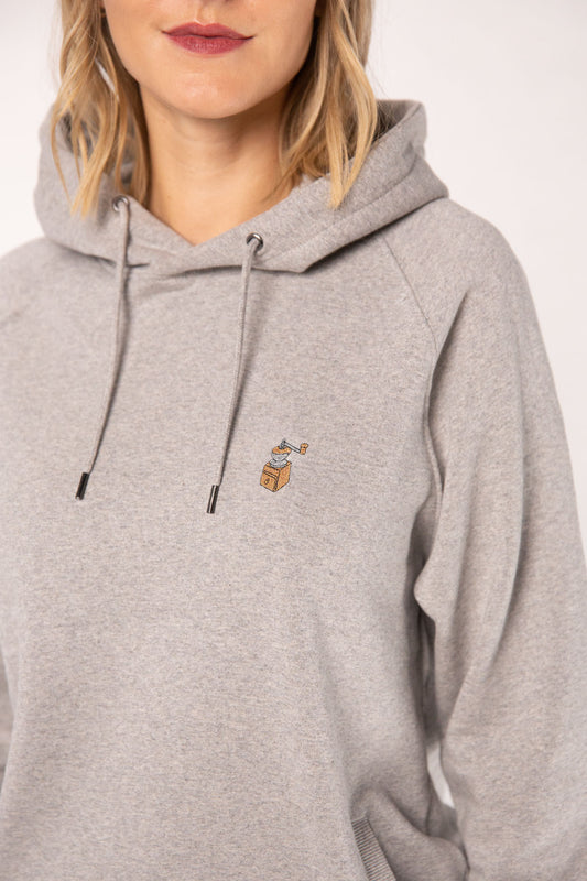 Kaffeemühle | Bestickter Frauen Bio Baumwoll Hoodie