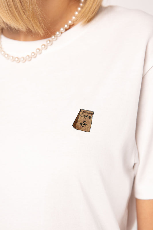Coffee Bag | Besticktes Oversized Bio Baumwoll Frauen T-Shirt